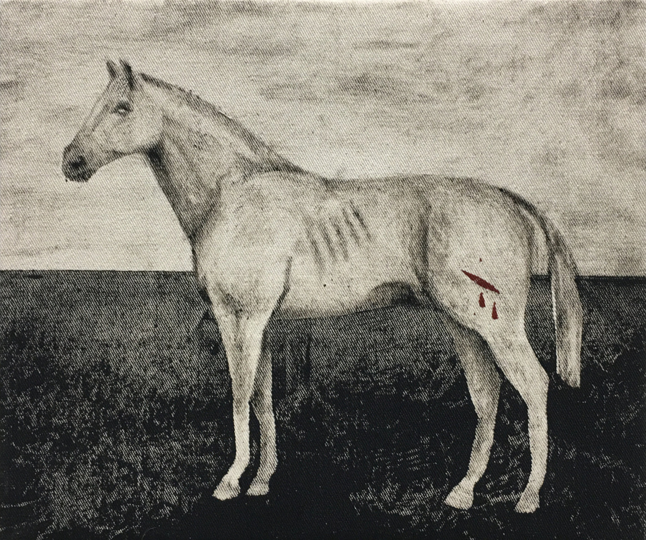 Hallava hevonen (2022), monotypia kankaalle, 20 cm x 23,5 cm
