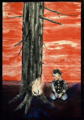 Poika, joka halusi lämmittää metsää tulella  (2022), monotypia, öljypastelli ja muste kankaalle , 125 cm x 88 cm