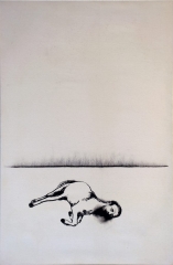 Työjuhta (2019), serigrafia ja hiili kankaalle, 110 cm x 72 cm