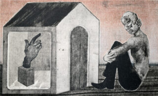Kyklooppi ja Tuomaksen käsi (2026), monotypia ja värikynä kankaalle, 20 cm x 33 cm