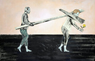 Ristinkantajat (2026), monotypia ja akryyli kankaalle, 65 cm x 100 cm