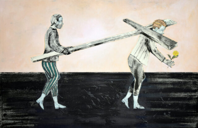 Ristinkantajat (2026), monotypia ja akryyli kankaalle, 65 cm x 100 cm