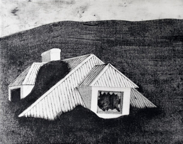 Tuhkamaa (2025), monotypia kankaalle, 40 cm x 50 cm