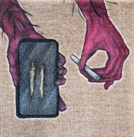 Viivapiru (2026), monotypia ja värikynä kankaalle, 12 cm x 12 cm